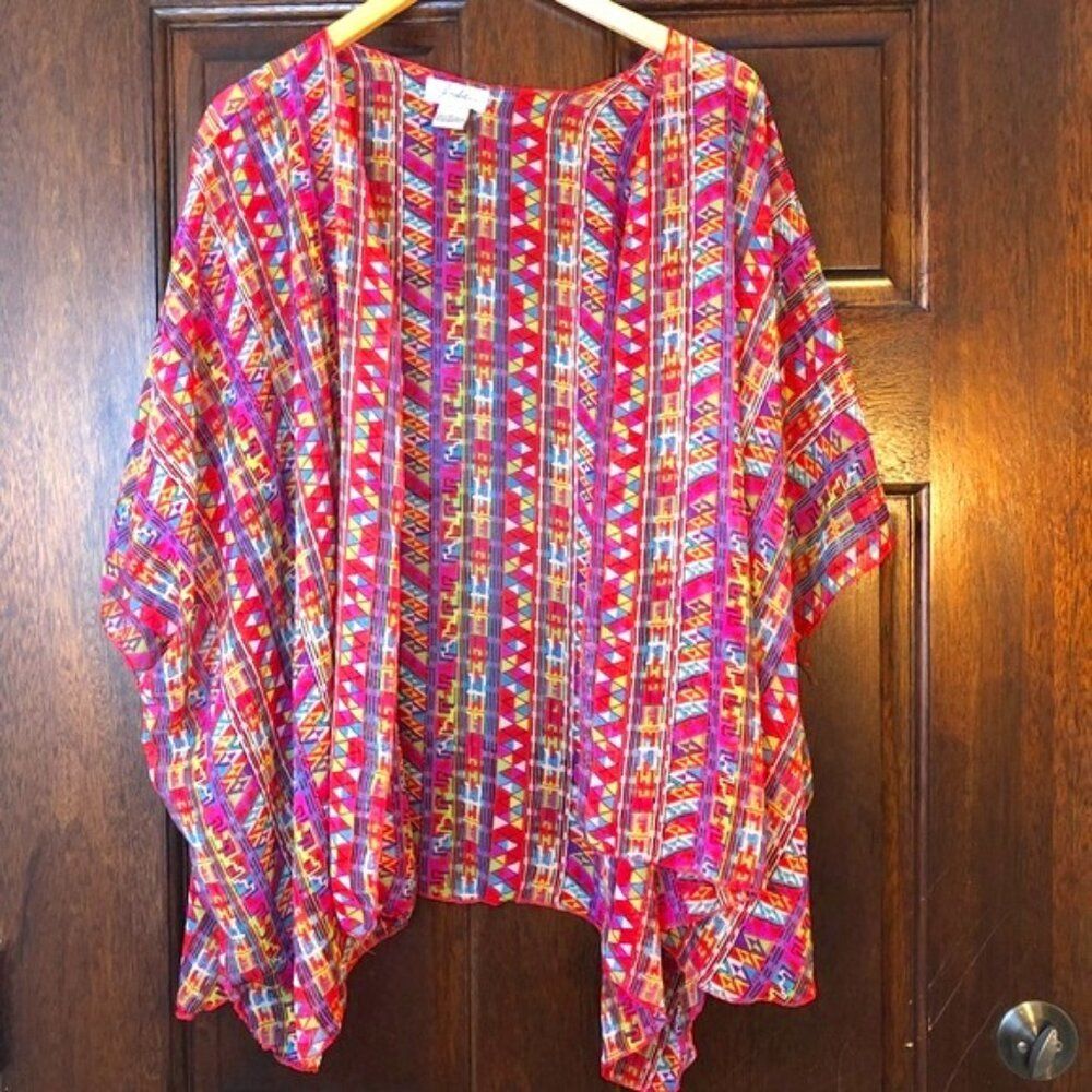 J Gee multicolor geometrical flowy relaxed fun summer open front kimono large